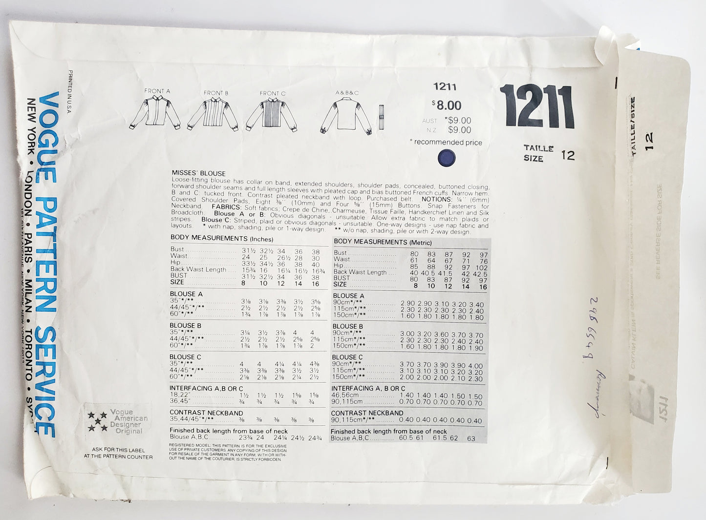 VOGUE Sewing Pattern 1211 CALVIN KLEIN, AMERICAN DESIGNER, Loose Fitting Blouse, Top, Shirt Size 12