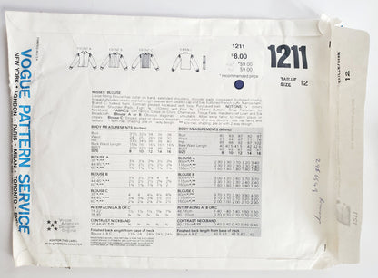 VOGUE Sewing Pattern 1211 CALVIN KLEIN, AMERICAN DESIGNER, Loose Fitting Blouse, Top, Shirt Size 12