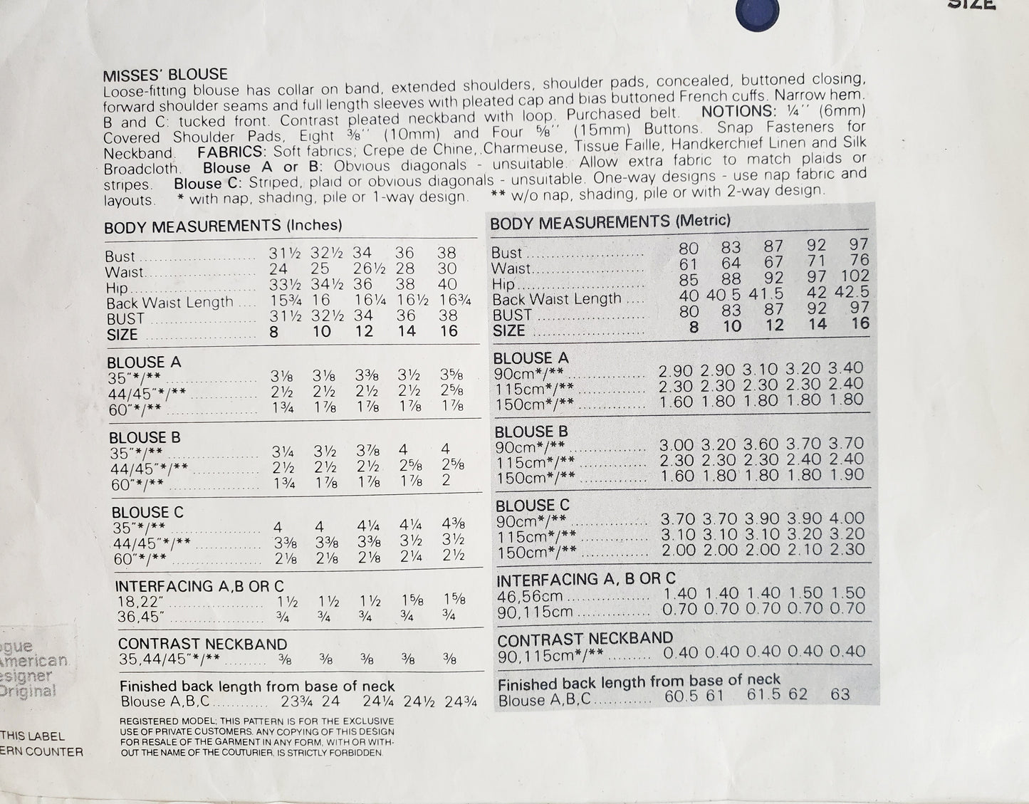 VOGUE Sewing Pattern 1211 CALVIN KLEIN, AMERICAN DESIGNER, Loose Fitting Blouse, Top, Shirt Size 12