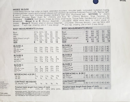 VOGUE Sewing Pattern 1211 CALVIN KLEIN, AMERICAN DESIGNER, Loose Fitting Blouse, Top, Shirt Size 12