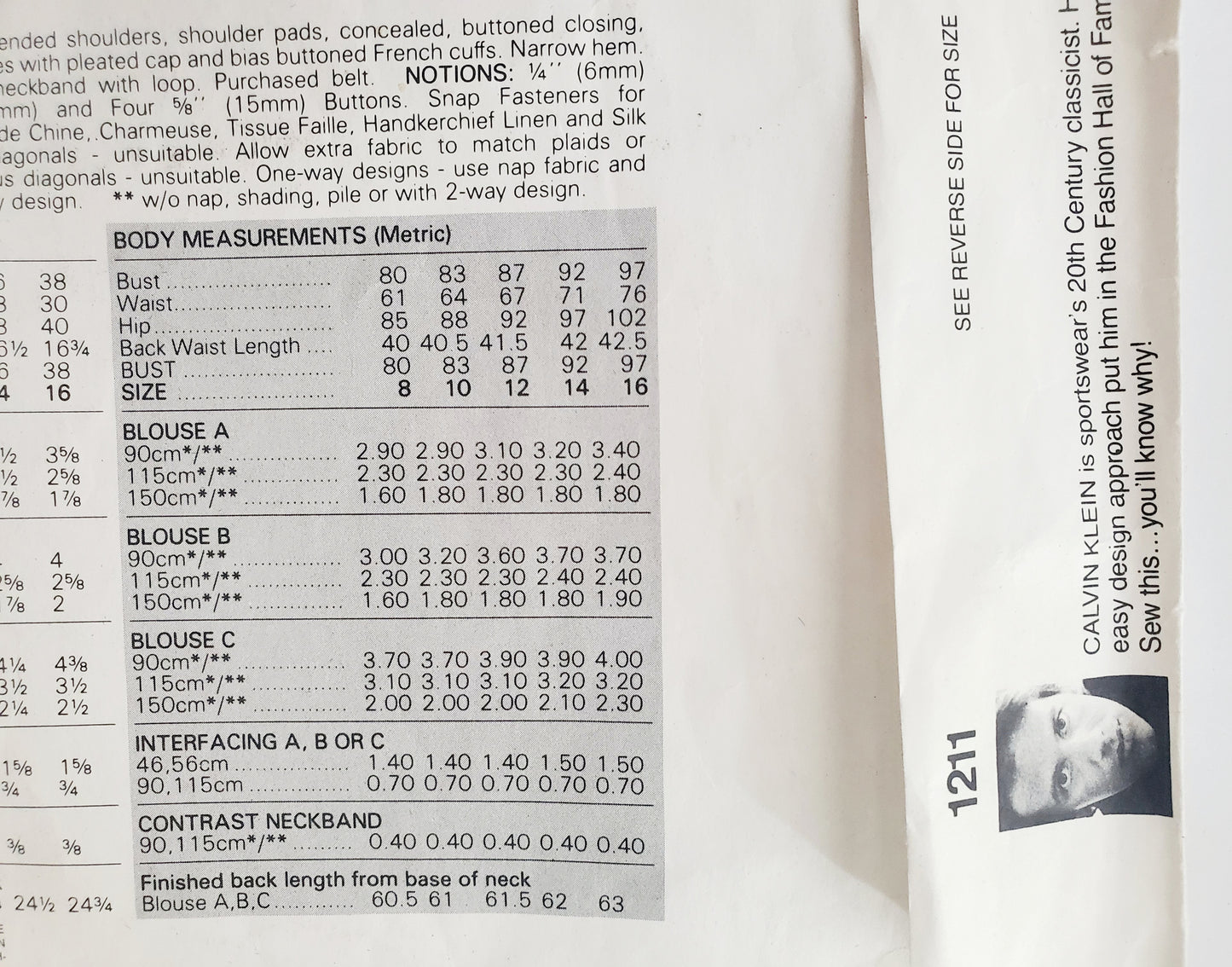 VOGUE Sewing Pattern 1211 CALVIN KLEIN, AMERICAN DESIGNER, Loose Fitting Blouse, Top, Shirt Size 12