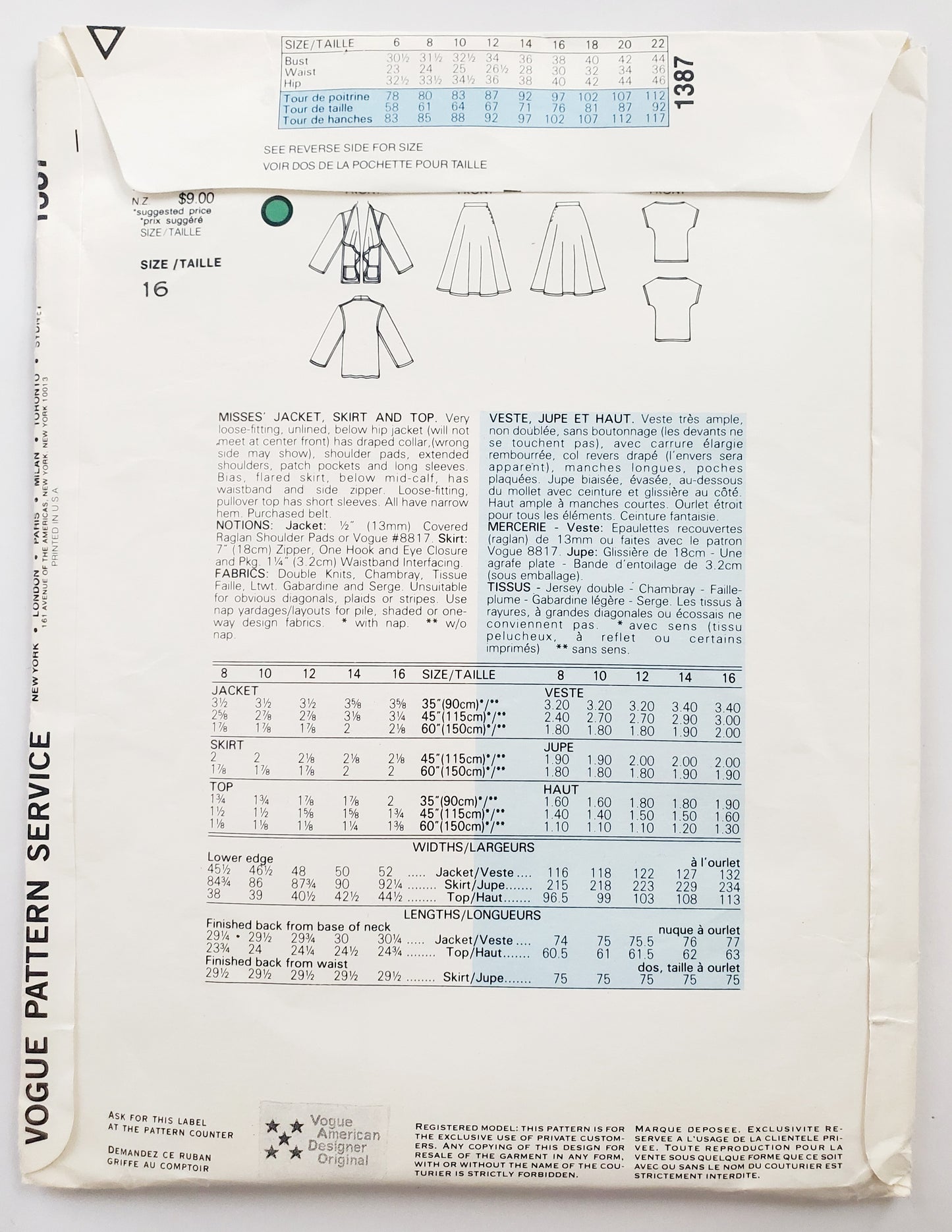 VOGUE Sewing Pattern 1387, MERICAN DESIGNER, JOHN ANTHONY, Jacket, Flared Skirt, Top Size 16