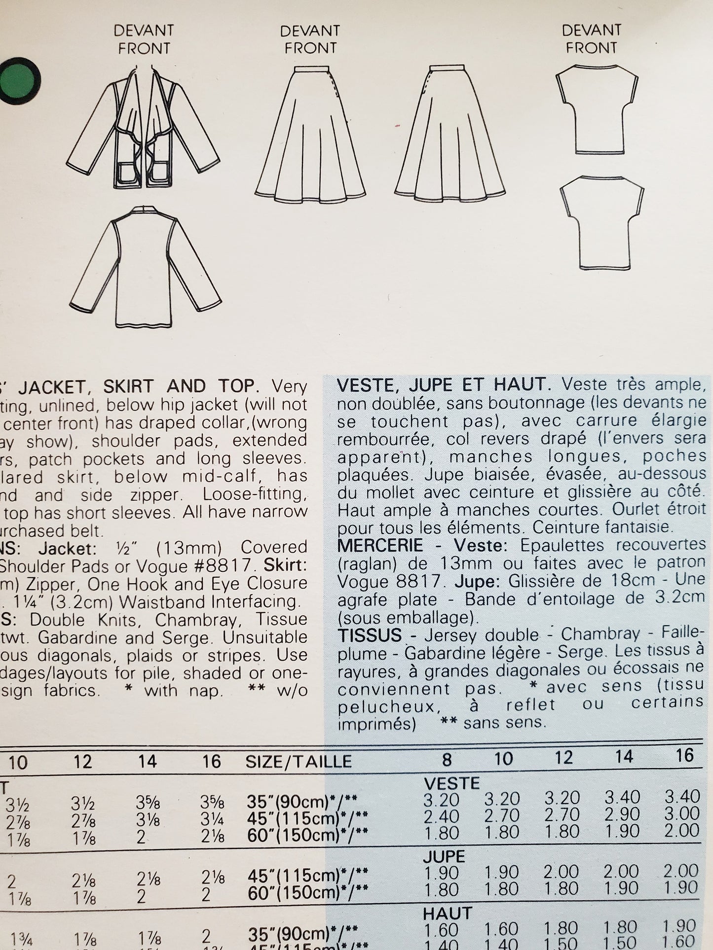 VOGUE Sewing Pattern 1387, MERICAN DESIGNER, JOHN ANTHONY, Jacket, Flared Skirt, Top Size 16