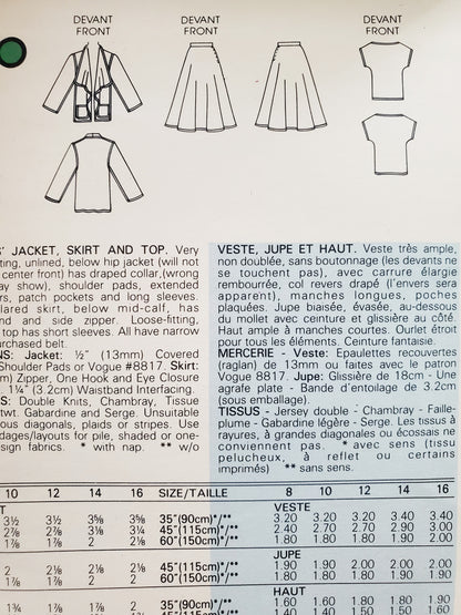 VOGUE Sewing Pattern 1387, MERICAN DESIGNER, JOHN ANTHONY, Jacket, Flared Skirt, Top Size 16