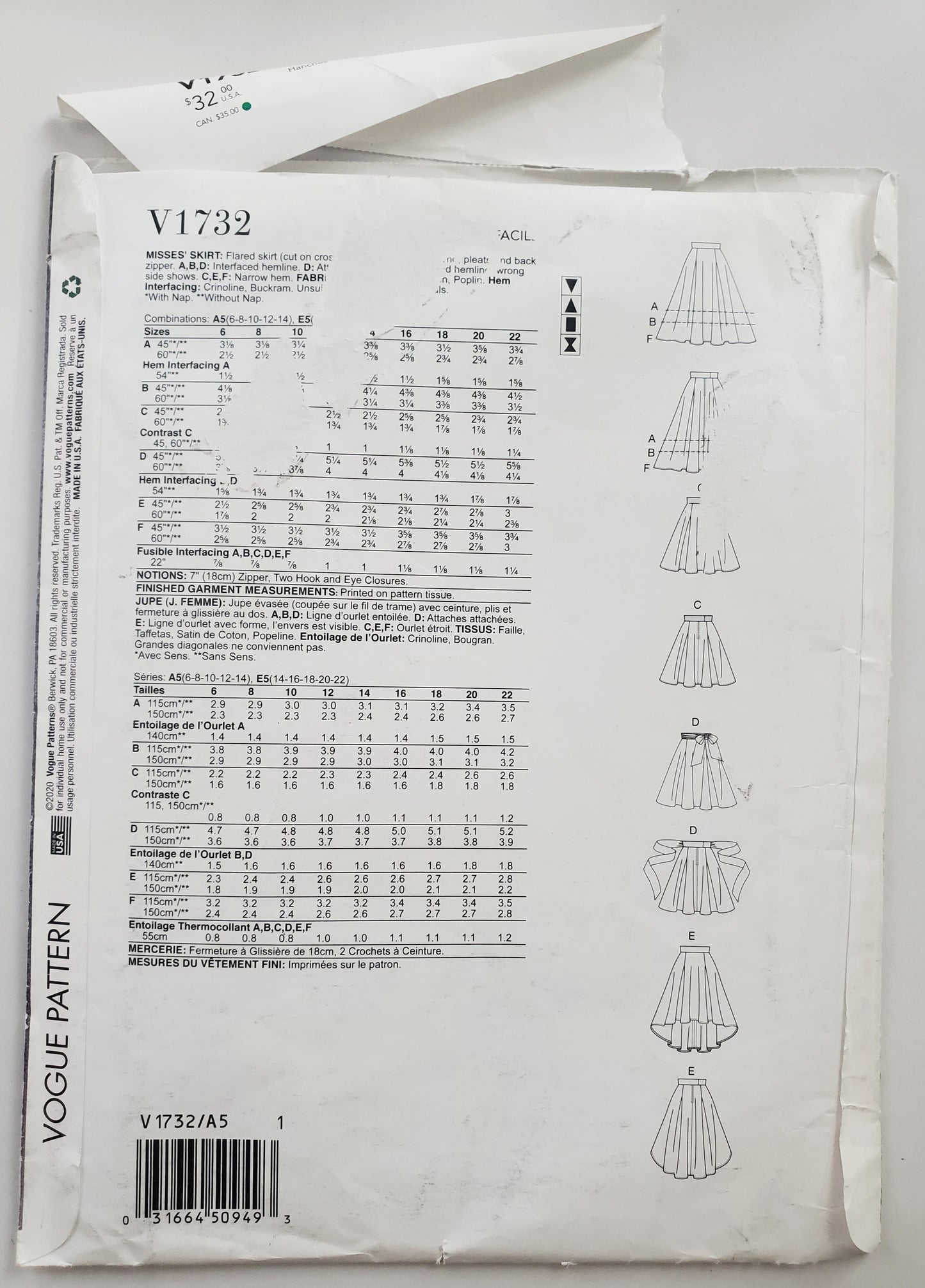 VOGUE PATTERNS, Sewing Pattern V1732, Skirt, Flared Skirt, Pleats, Wide Waistband, Size 6-14