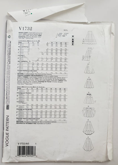 VOGUE PATTERNS, Sewing Pattern V1732, Skirt, Flared Skirt, Pleats, Wide Waistband, Size 6-14