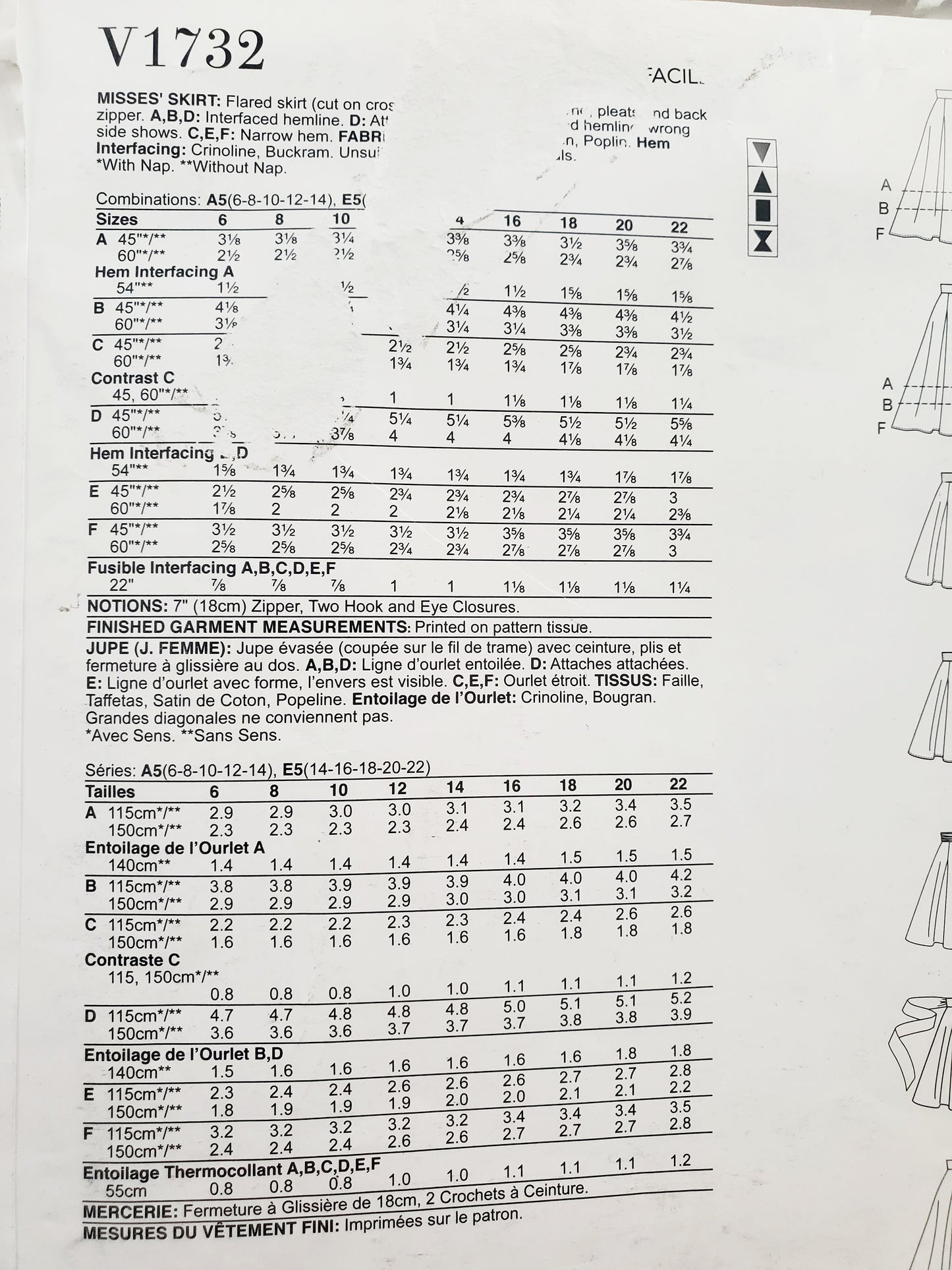 VOGUE PATTERNS, Sewing Pattern V1732, Skirt, Flared Skirt, Pleats, Wide Waistband, Size 6-14