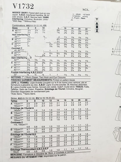 VOGUE PATTERNS, Sewing Pattern V1732, Skirt, Flared Skirt, Pleats, Wide Waistband, Size 6-14