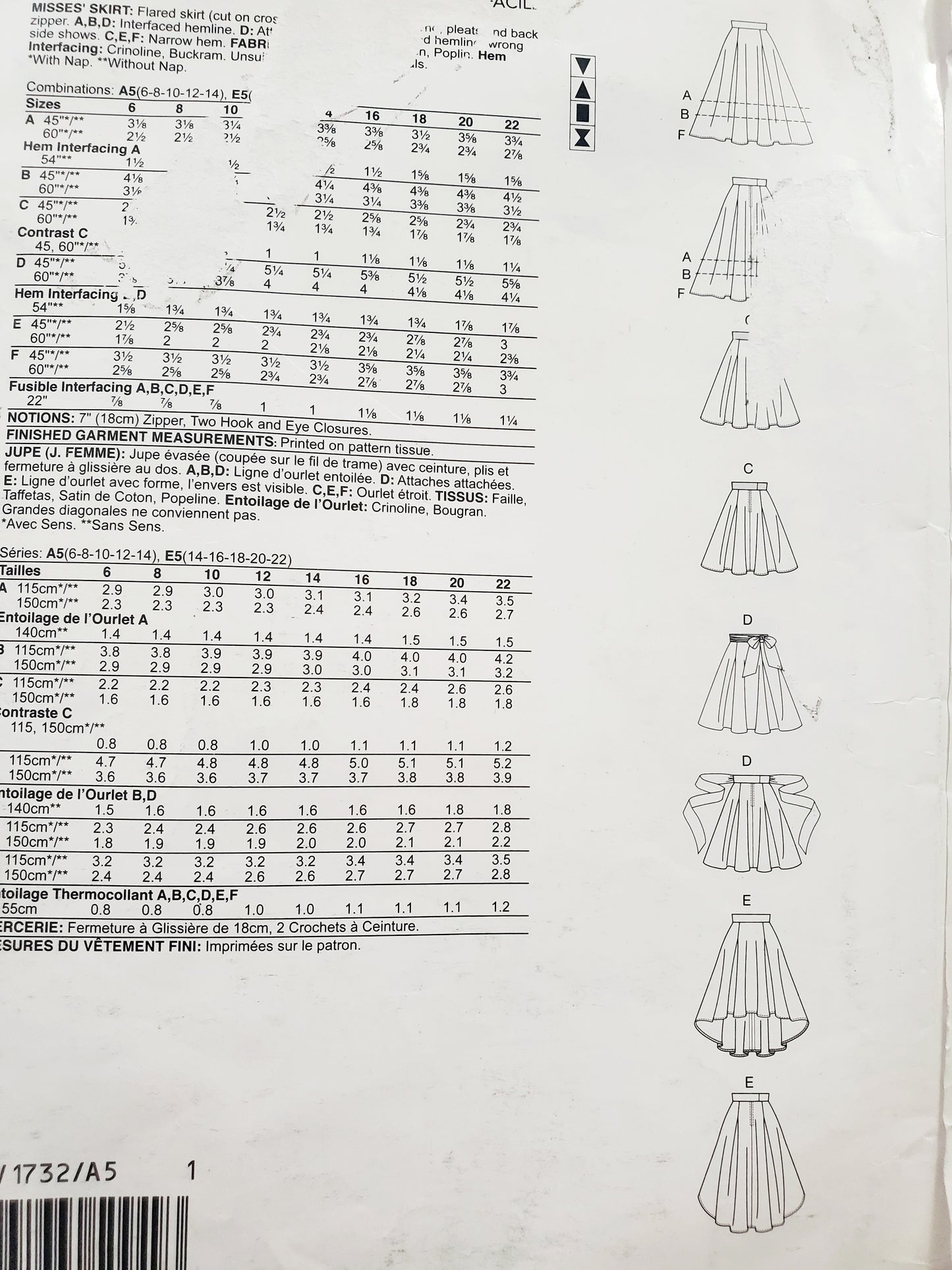 VOGUE PATTERNS, Sewing Pattern V1732, Skirt, Flared Skirt, Pleats, Wide Waistband, Size 6-14