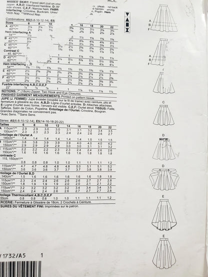 VOGUE PATTERNS, Sewing Pattern V1732, Skirt, Flared Skirt, Pleats, Wide Waistband, Size 6-14