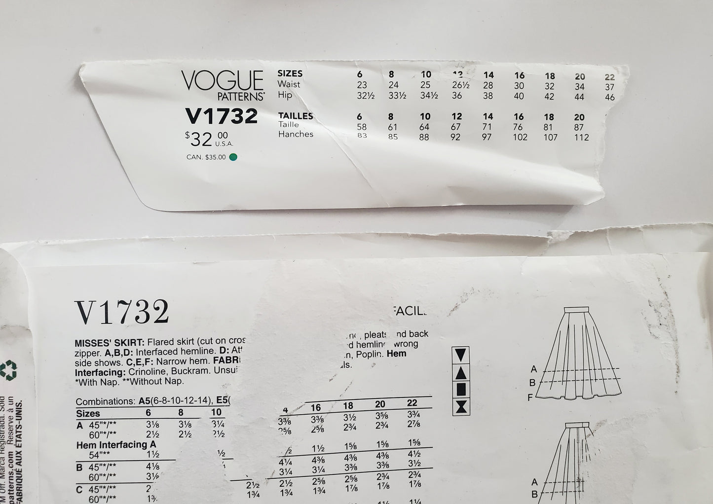 VOGUE PATTERNS, Sewing Pattern V1732, Skirt, Flared Skirt, Pleats, Wide Waistband, Size 6-14