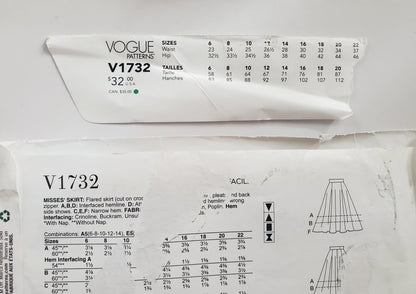 VOGUE PATTERNS, Sewing Pattern V1732, Skirt, Flared Skirt, Pleats, Wide Waistband, Size 6-14