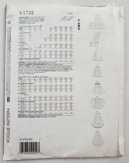 VOGUE PATTERNS, Sewing Pattern V1732, Skirt, Flared Skirt, Pleats, Wide Waistband, Size 6-14