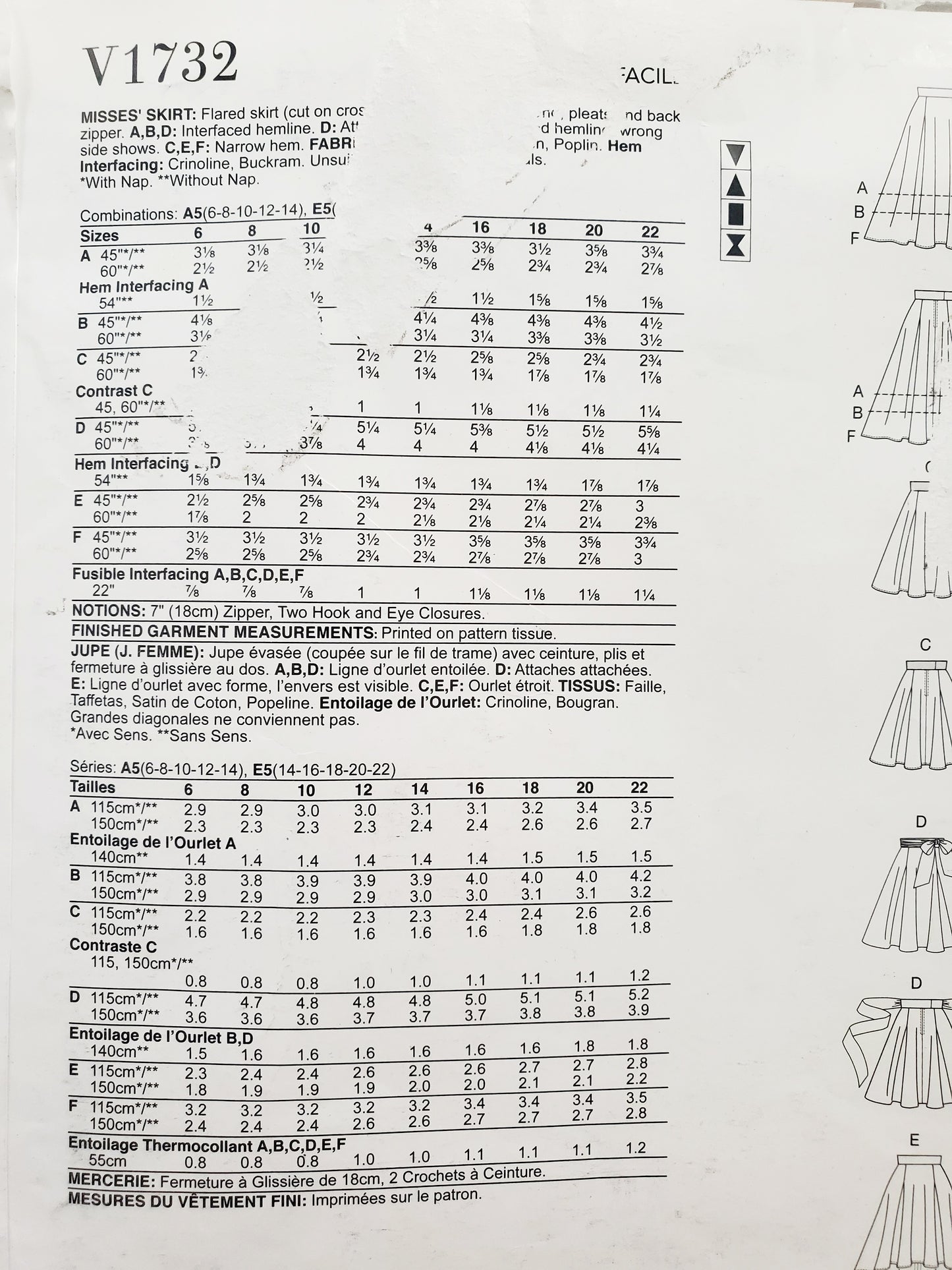 VOGUE PATTERNS, Sewing Pattern V1732, Skirt, Flared Skirt, Pleats, Wide Waistband, Size 6-14
