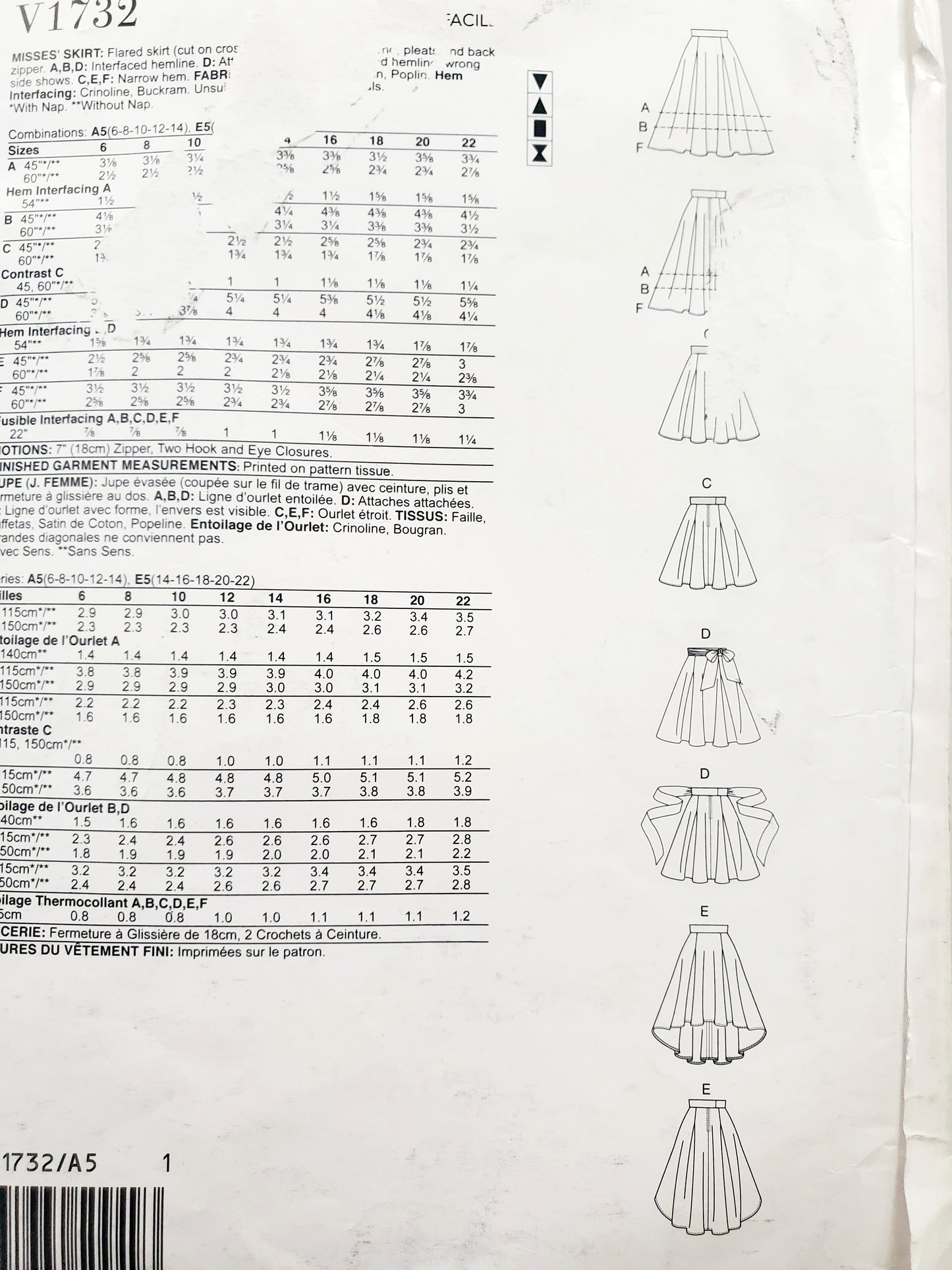 VOGUE PATTERNS, Sewing Pattern V1732, Skirt, Flared Skirt, Pleats, Wide Waistband, Size 6-14
