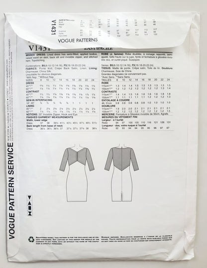 VOGUE PATTERNS, Sewing Pattern V1431, TOM & LINDA PLATT, American Designer, Dress, Size 8-16