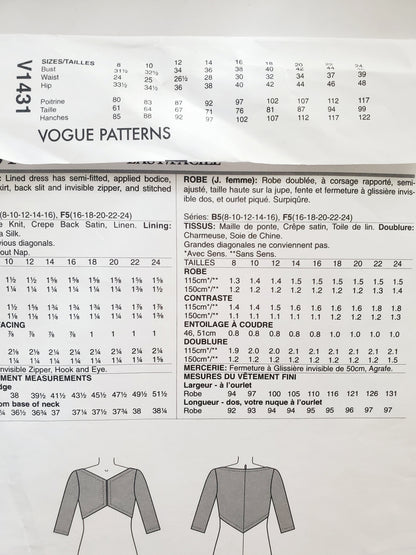 VOGUE PATTERNS, Sewing Pattern V1431, TOM & LINDA PLATT, American Designer, Dress, Size 8-16