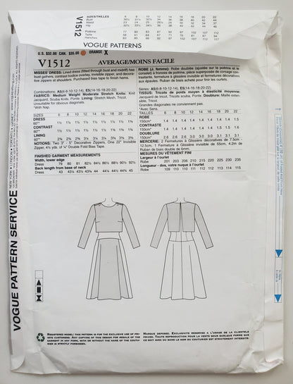 VOGUE PATTERNS, Sewing Pattern V1512, TRACY REESE, NEW YORK, AMERICAN DESIGNER, Dress, Dress with Decorative Zips on Shoulders, Size 6-14