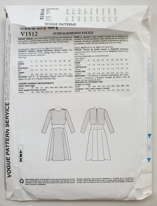 VOGUE PATTERNS, Sewing Pattern V1512, TRACY REESE, NEW YORK, AMERICAN DESIGNER, Dress, Dress with Decorative Zips on Shoulders, Size 6-14