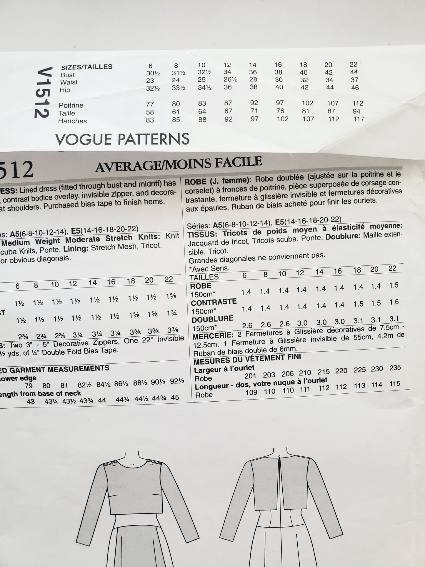 VOGUE PATTERNS, Sewing Pattern V1512, TRACY REESE, NEW YORK, AMERICAN DESIGNER, Dress, Dress with Decorative Zips on Shoulders, Size 6-14