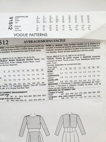 VOGUE PATTERNS, Sewing Pattern V1512, TRACY REESE, NEW YORK, AMERICAN DESIGNER, Dress, Dress with Decorative Zips on Shoulders, Size 6-14