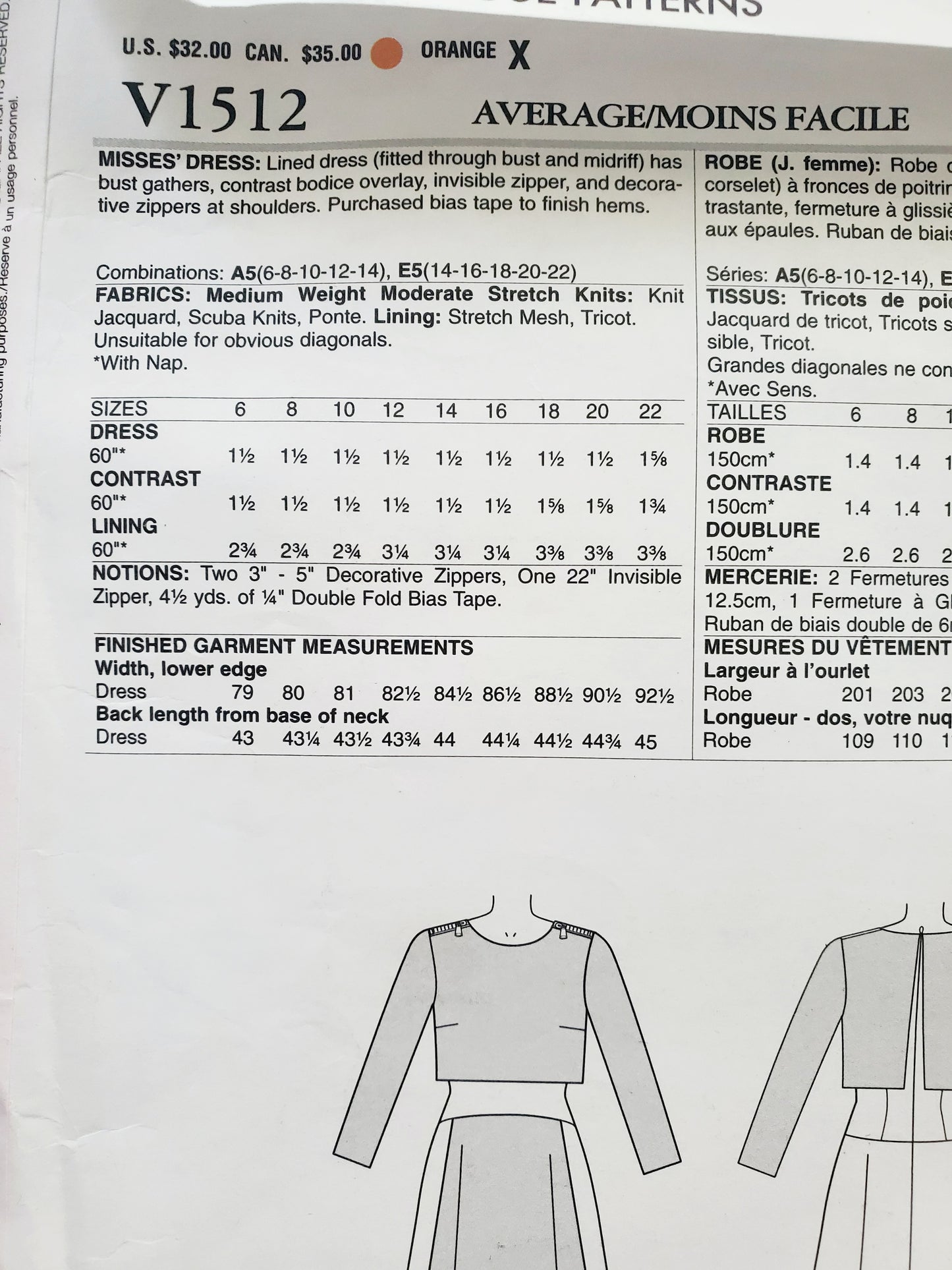 VOGUE PATTERNS, Sewing Pattern V1512, TRACY REESE, NEW YORK, AMERICAN DESIGNER, Dress, Dress with Decorative Zips on Shoulders, Size 6-14
