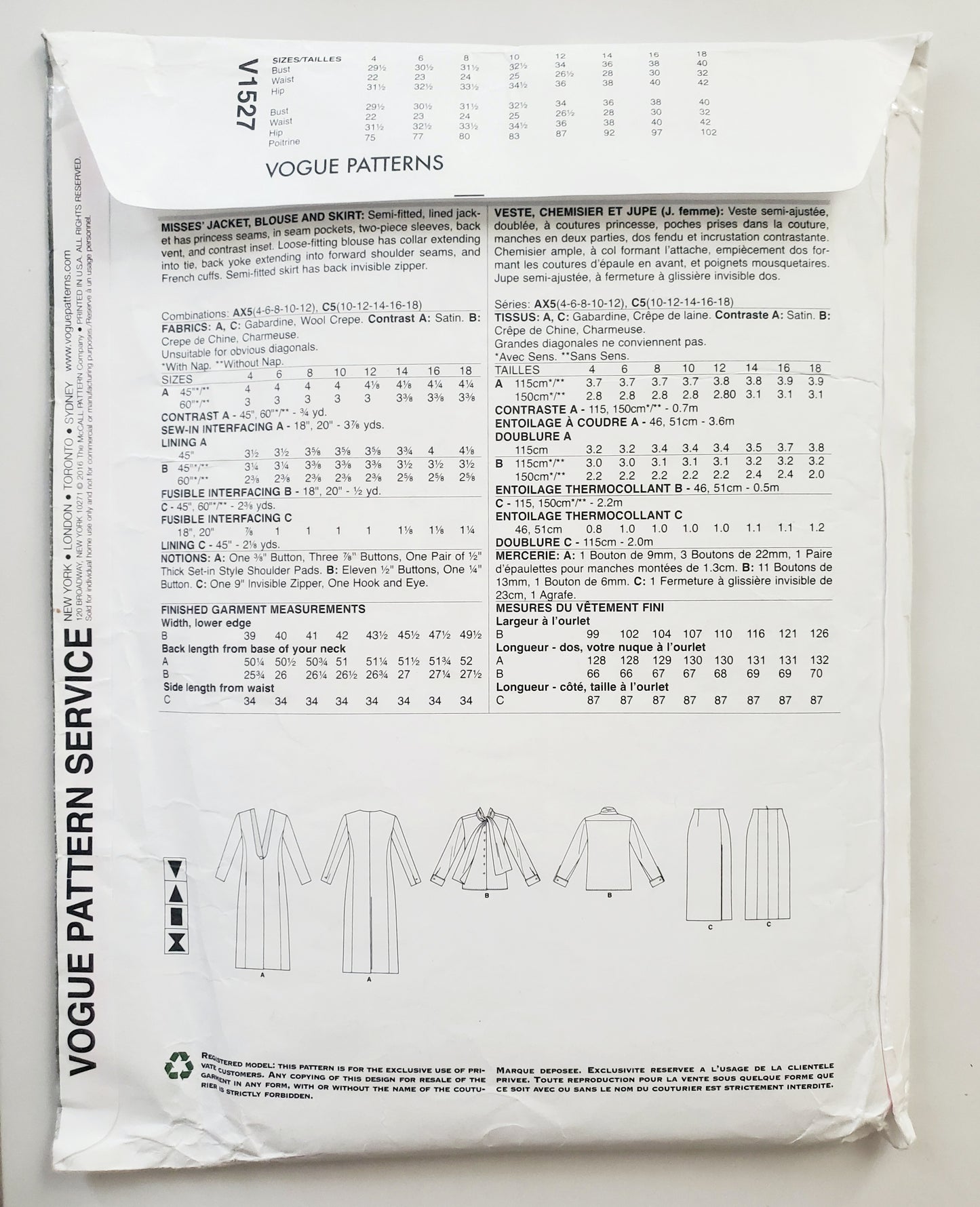 VOGUE PATTERNS, Sewing Pattern V1527, PACO PERALTA BARCELONA, DESIGNER ORIGINAL, Jacket, Blouse, Skirt, Size 10-18