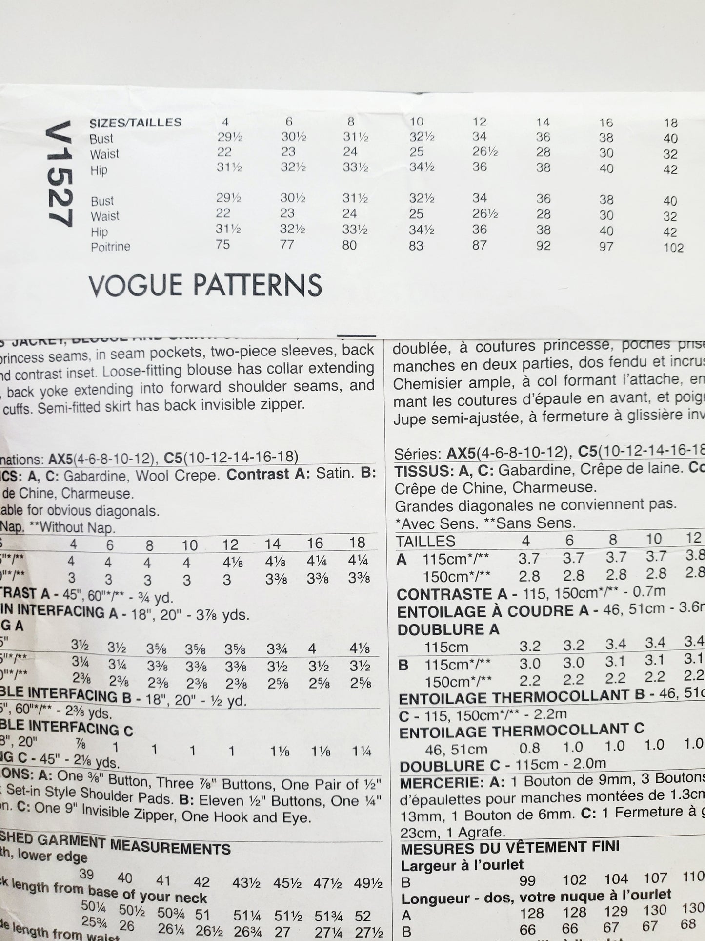 VOGUE PATTERNS, Sewing Pattern V1527, PACO PERALTA BARCELONA, DESIGNER ORIGINAL, Jacket, Blouse, Skirt, Size 10-18