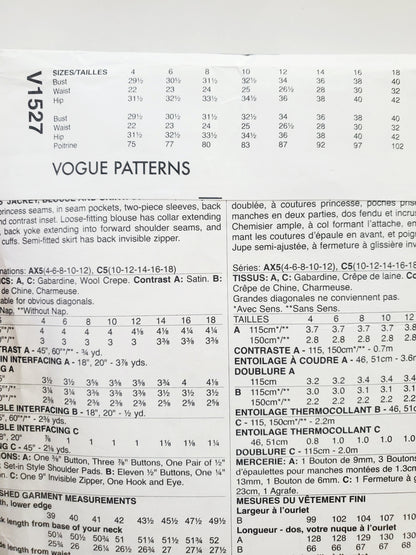 VOGUE PATTERNS, Sewing Pattern V1527, PACO PERALTA BARCELONA, DESIGNER ORIGINAL, Jacket, Blouse, Skirt, Size 10-18