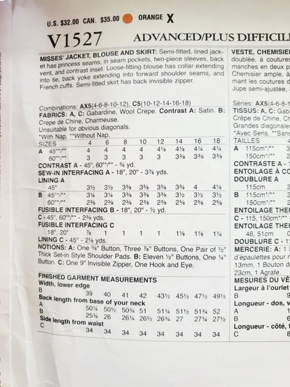 VOGUE PATTERNS, Sewing Pattern V1527, PACO PERALTA BARCELONA, DESIGNER ORIGINAL, Jacket, Blouse, Skirt, Size 10-18