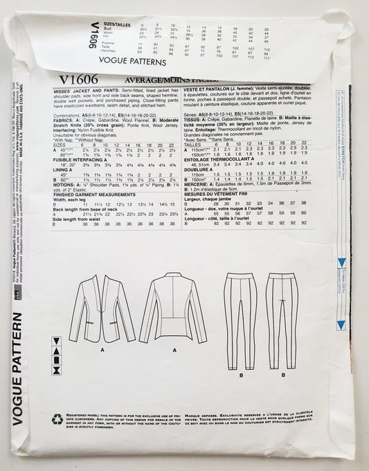 VOGUE PATTERNS, Sewing Pattern V1606, ANNE KLEIN, AMERICAN DESIGNER, Jacket, Pants, Size 6-14