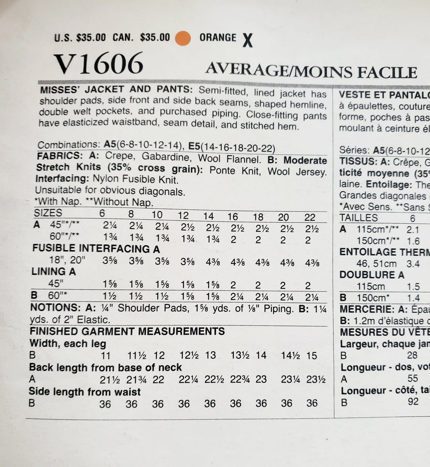 VOGUE PATTERNS, Sewing Pattern V1606, ANNE KLEIN, AMERICAN DESIGNER, Jacket, Pants, Size 6-14