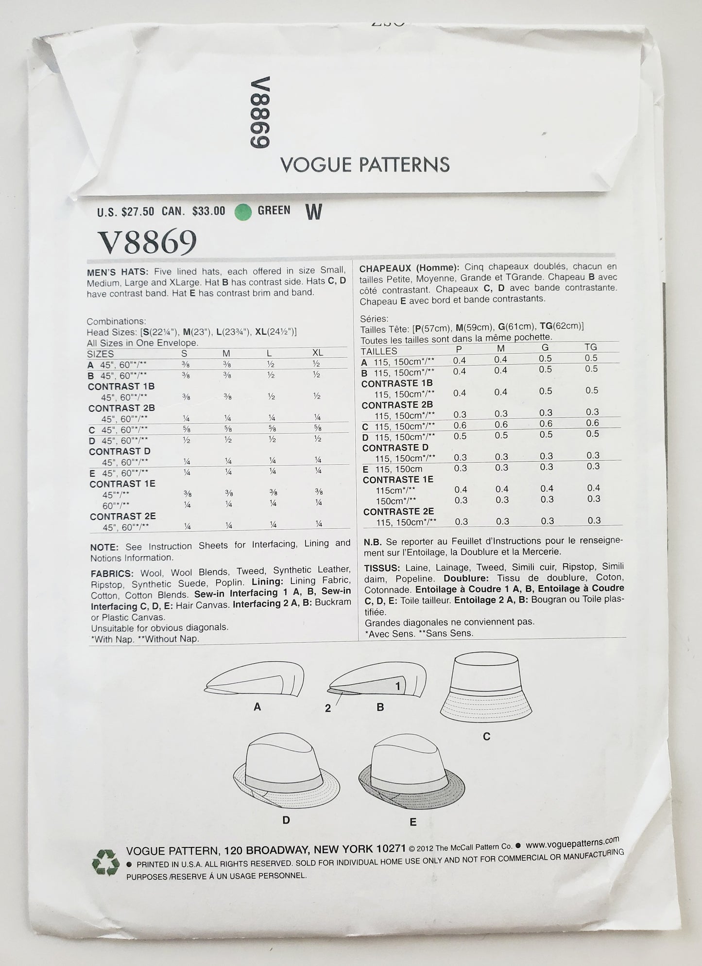 VOGUE Sewing Pattern V8869, Men's Hats, Lined Hats, All Sizes, Vogue Accessories