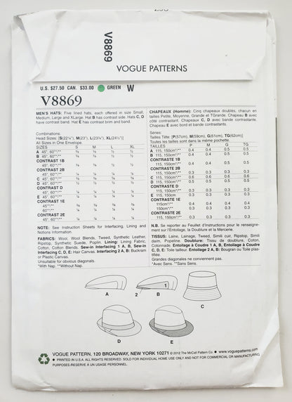 VOGUE Sewing Pattern V8869, Men's Hats, Lined Hats, All Sizes, Vogue Accessories