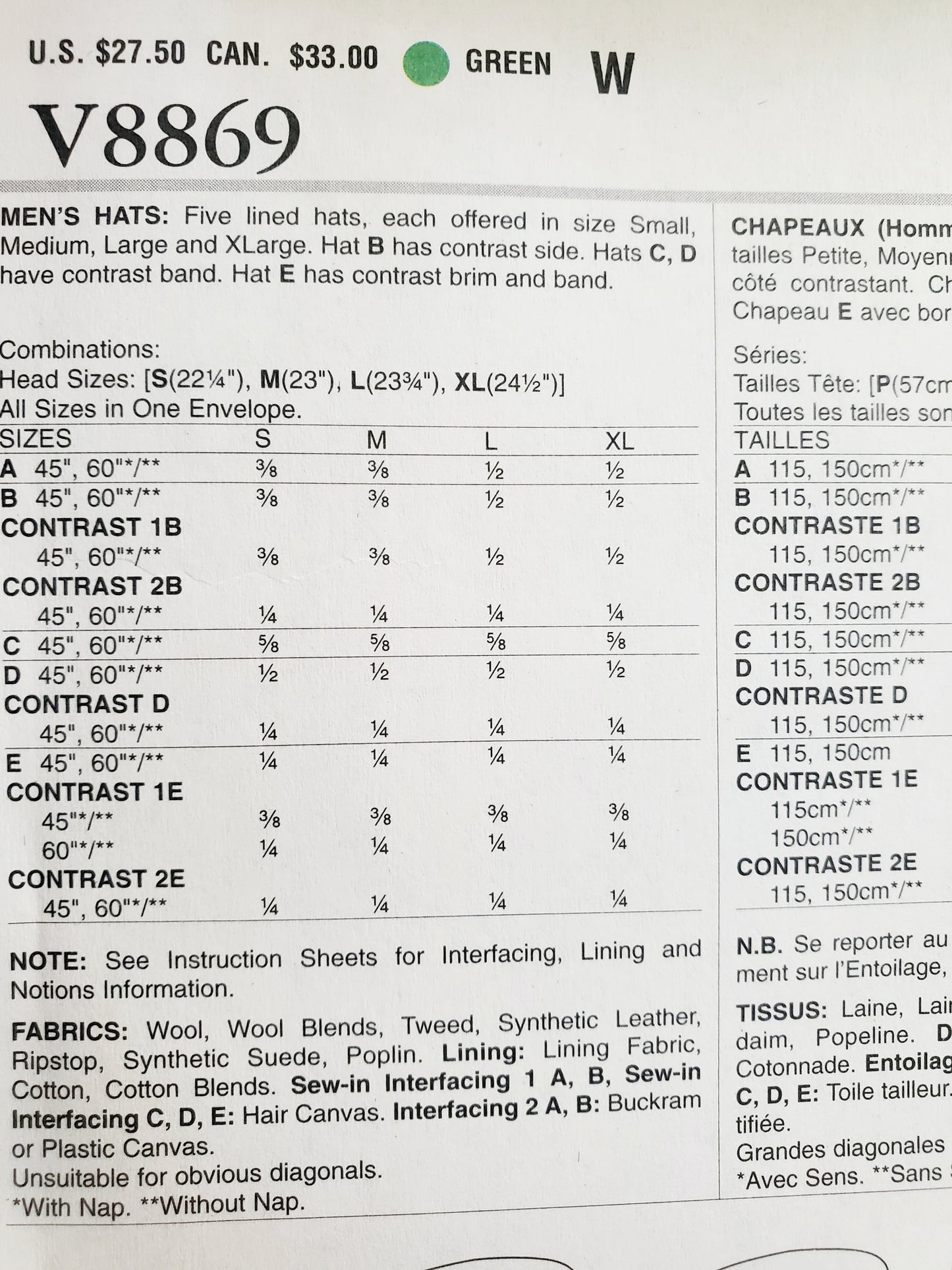 VOGUE Sewing Pattern V8869, Men's Hats, Lined Hats, All Sizes, Vogue Accessories