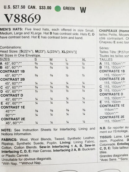 VOGUE Sewing Pattern V8869, Men's Hats, Lined Hats, All Sizes, Vogue Accessories