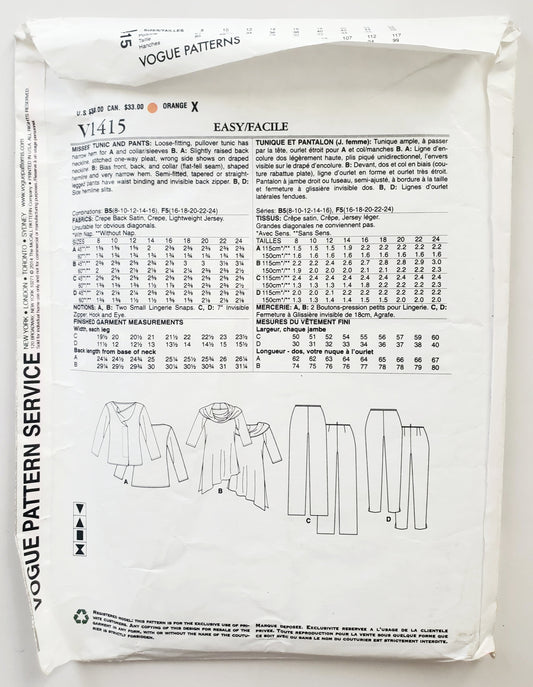 VOGUE PATTERNS, Sewing Pattern V1415, TOM & LINDA PLATT, American Designer, Tunic, Pants, Size 16-24