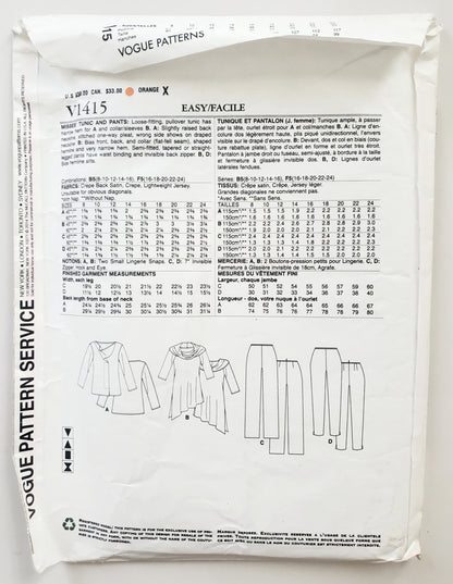 VOGUE PATTERNS, Sewing Pattern V1415, TOM & LINDA PLATT, American Designer, Tunic, Pants, Size 16-24