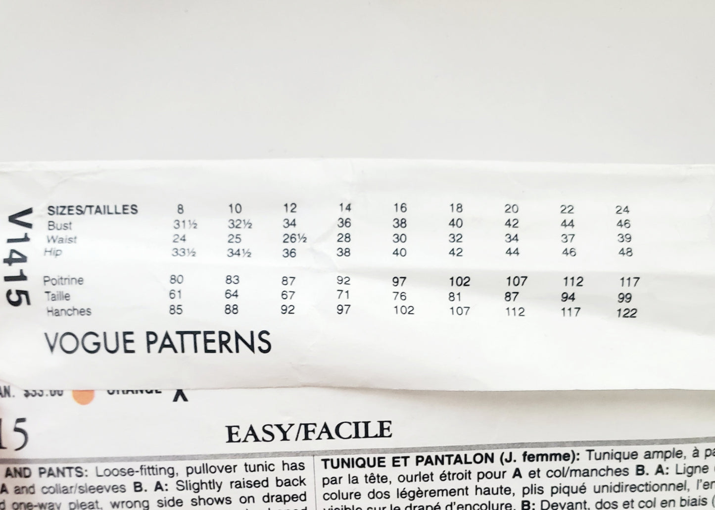 VOGUE PATTERNS, Sewing Pattern V1415, TOM & LINDA PLATT, American Designer, Tunic, Pants, Size 16-24