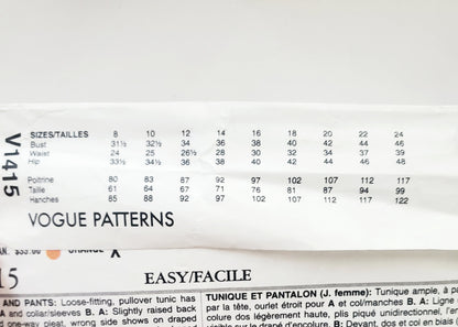 VOGUE PATTERNS, Sewing Pattern V1415, TOM & LINDA PLATT, American Designer, Tunic, Pants, Size 16-24