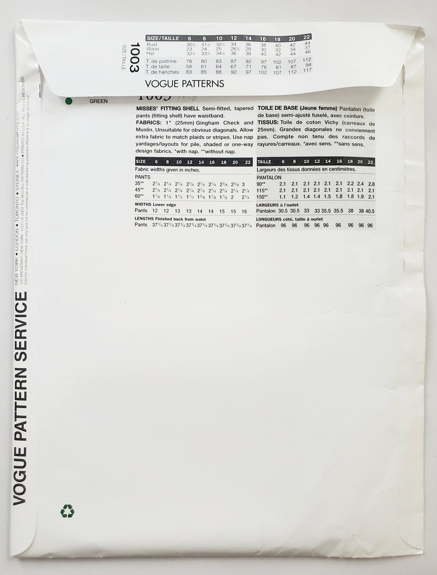 VOGUE Sewing Pattern 1003 Misses Fitting Shell for Tapered Pants Size 12