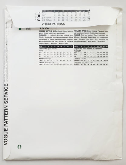 VOGUE Sewing Pattern 1003 Misses Fitting Shell for Tapered Pants Size 12