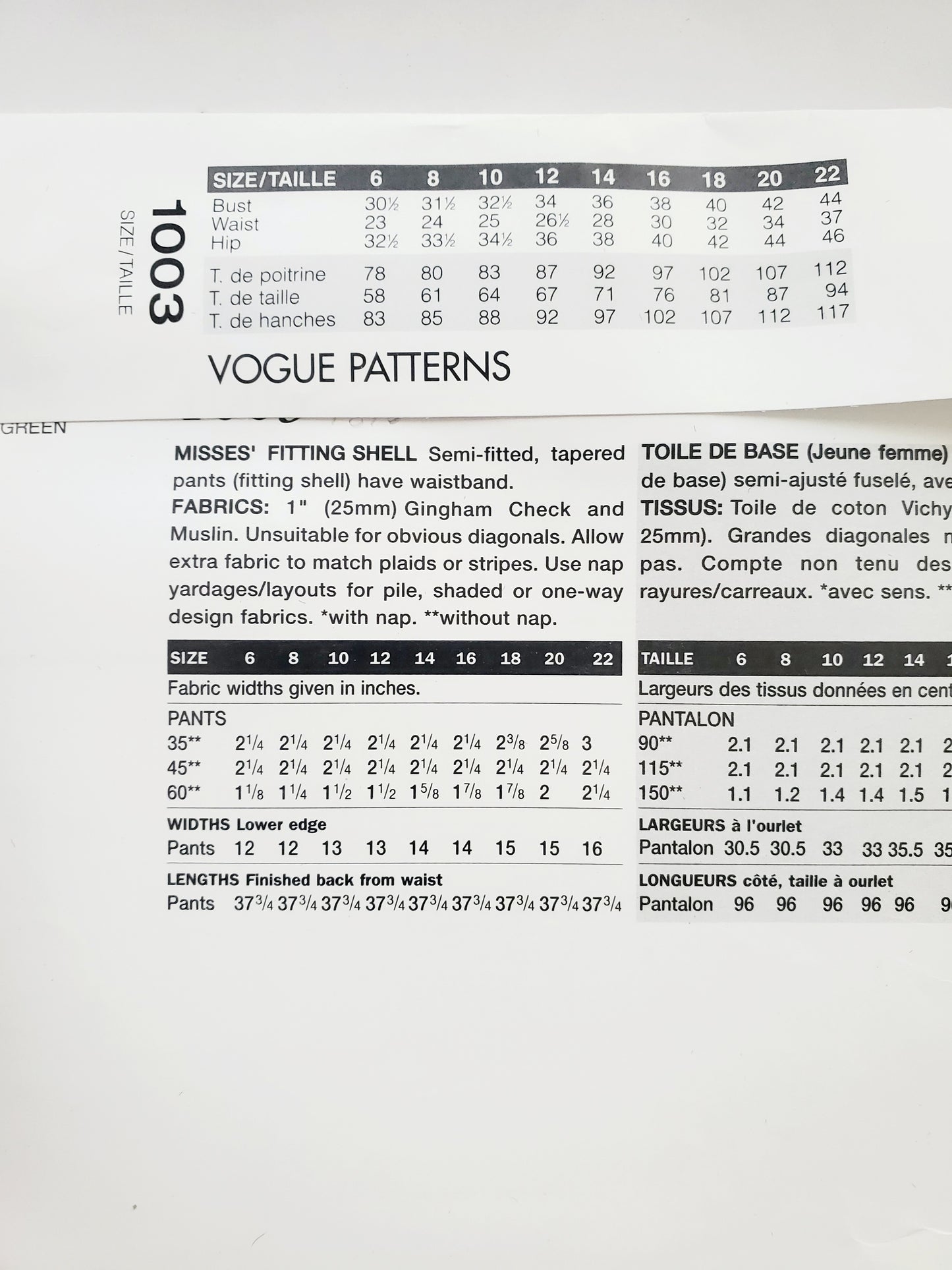 VOGUE Sewing Pattern 1003 Misses Fitting Shell for Tapered Pants Size 12