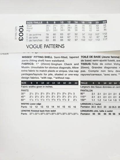 VOGUE Sewing Pattern 1003 Misses Fitting Shell for Tapered Pants Size 12