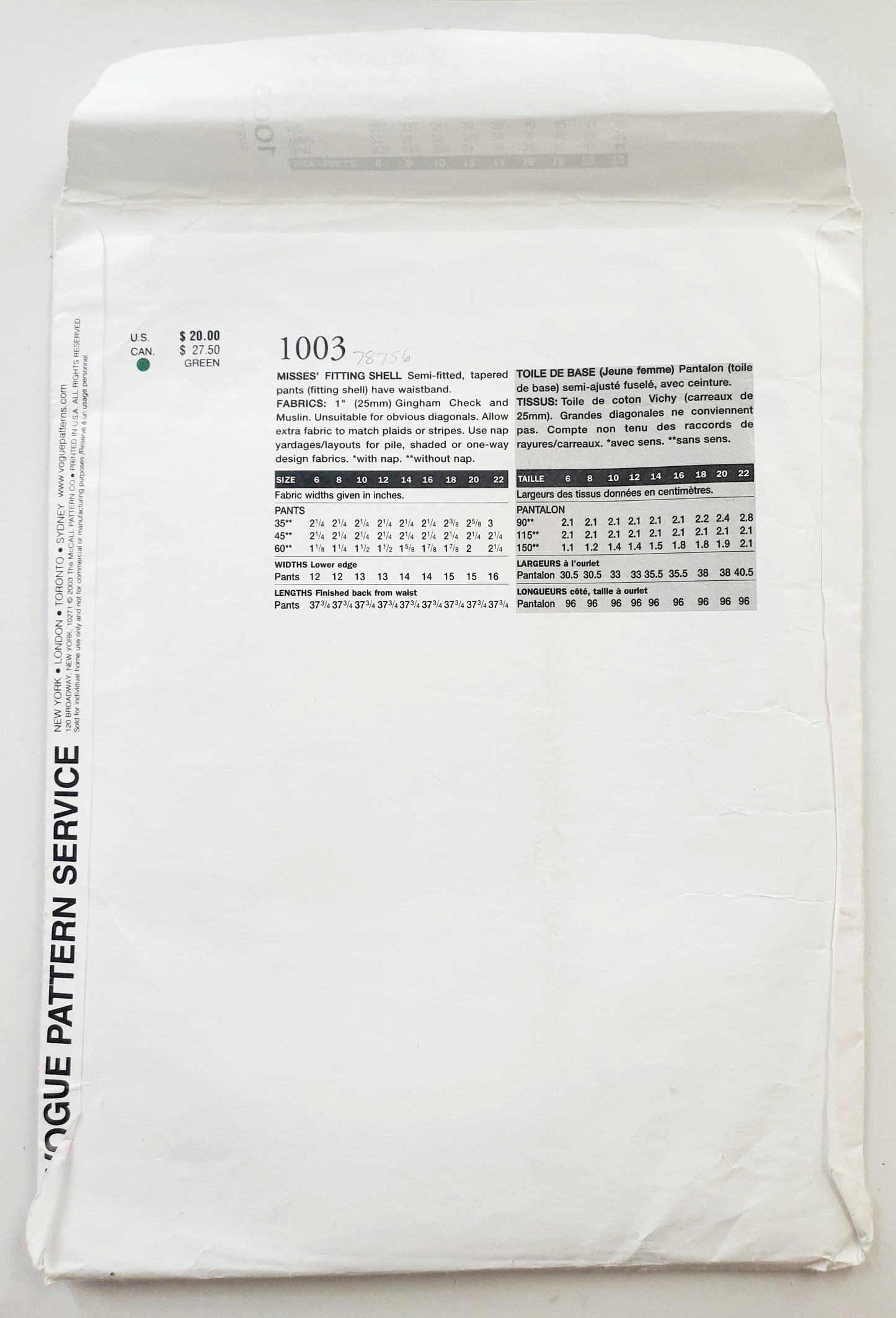 VOGUE Sewing Pattern 1003 Misses Fitting Shell for Tapered Pants Size 6