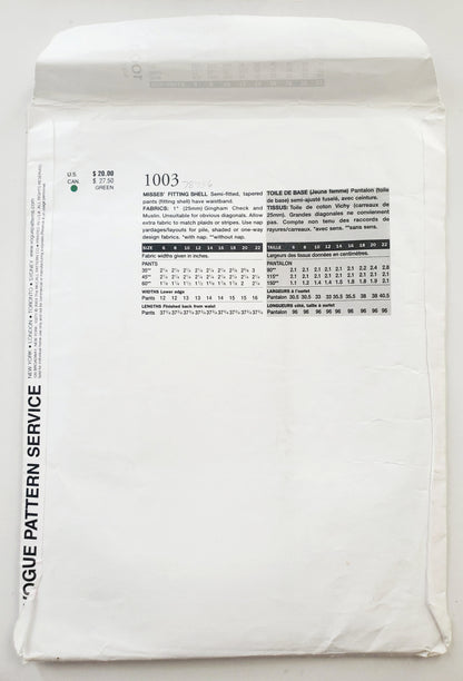 VOGUE Sewing Pattern 1003 Misses Fitting Shell for Tapered Pants Size 6