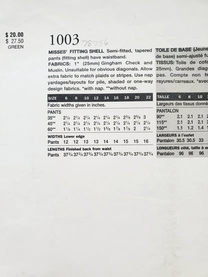 VOGUE Sewing Pattern 1003 Misses Fitting Shell for Tapered Pants Size 6
