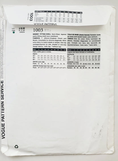 VOGUE Sewing Pattern 1003 Misses Fitting Shell for Tapered Pants Size 20