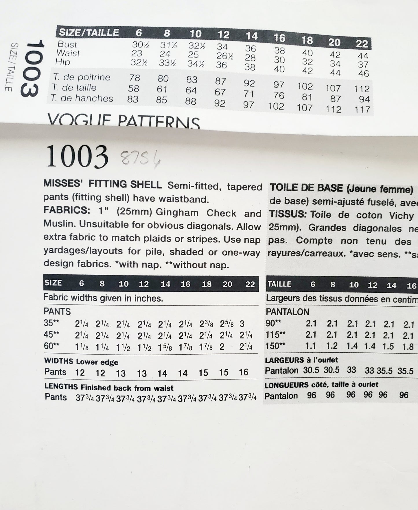 VOGUE Sewing Pattern 1003 Misses Fitting Shell for Tapered Pants Size 20