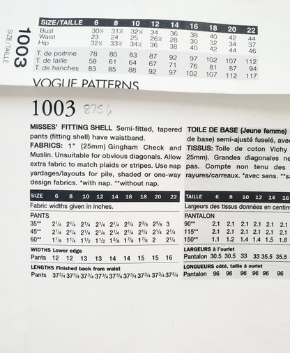 VOGUE Sewing Pattern 1003 Misses Fitting Shell for Tapered Pants Size 20
